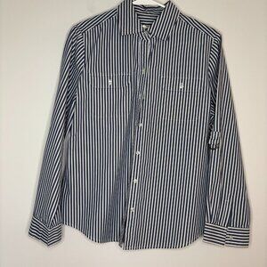 CHICOS Size 1 Button Up Collared Shirt Striped Roll Tab Sleeve Stretch Business